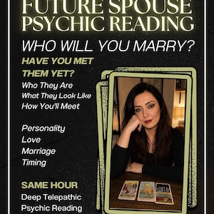 Könnte beinhalten: Ein digitaler Flyer für eine Zukunfts-Partner-Hellseher-Lesung mit dem Text: Who Will You Marry? Have You Met Them Yet? Who They Are, What They Look Like, How You'll Meet, Personality, Love, Marriage, Timing, Same Hour, Deep Telepathic Psychic Reading.