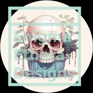 May include: A white skull with cracks sits in a blue ceramic pot with green plants growing out of it. The text "Enigma the Design Kind of Spooky" is written below the pot.