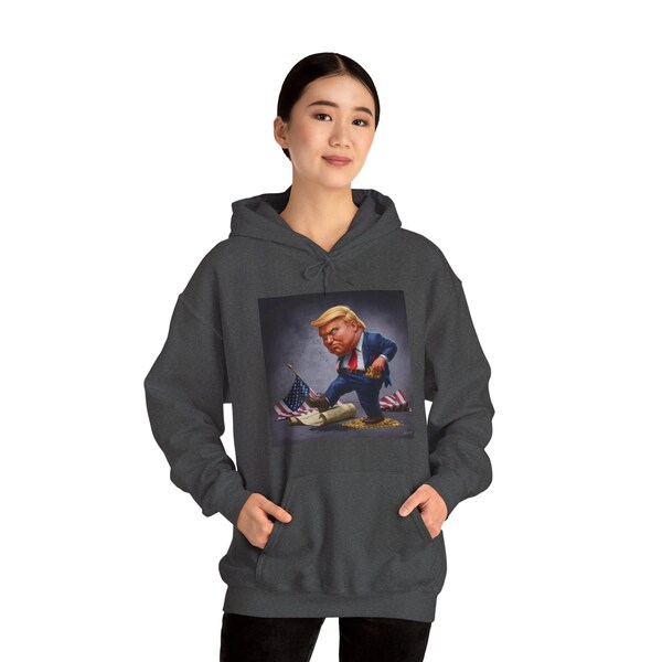 Political Satire Hooded Sweatshirt w Trump trampling US Constitution + #LockHimUp on back. Handy front pocket keeps hands warm on cold days.