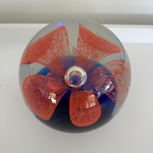 Murano Style Coral Red Flower Glass Paperweight - Art Glass