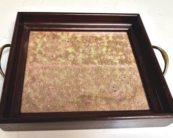 Vintage Wood Tray with Gold Embroidered Fabric Under Glass and Brass Handles