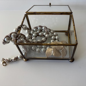Vintage Glass Jewelry Box with Brass Edging and Brass Ball Feet