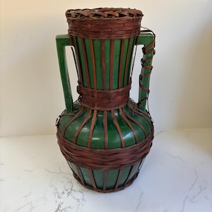 Antike japanische Awaji Ware Smaragdgrün Vase mit Bambuskorbverpackung