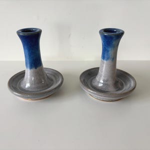 Set of Two Vintage Studio Art Pottery Candlestick Holders in Blue and Gray