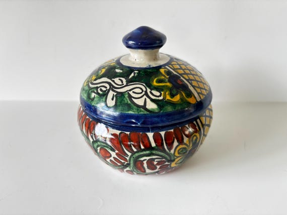 Vintage Talavera Mexican Pottery Lidded Trinket Jar