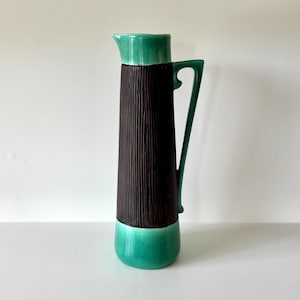 Mint Green and Brown Slender Ceramic Pitcher Artist Signed 1963