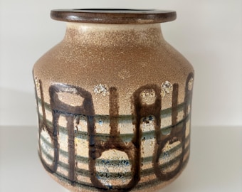 Vintage Lapid Pottery Israel Large Ceramic Vase Geometric Brown Green MCM Studio Pottery Hand Painted Israeli Stoneware Vessel