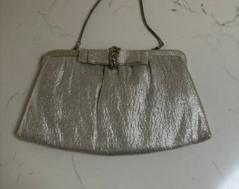 Vintage Silver Lame Purse with Rhinestone Clasp made by Ande'