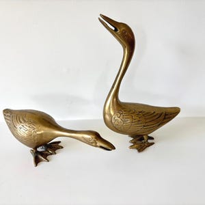 Vintage Pair of Solid Brass Geese Mid Century Decor