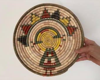 Vintage Southwestern Coiled Basket - Hand-Woven Native American Inspired Geometric Wall Art - Yellow, Green and Brown Tribal Design