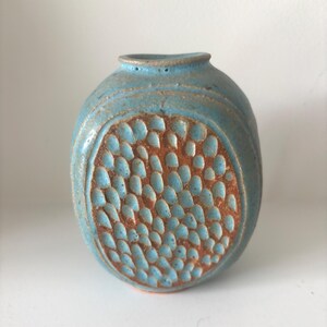 Handmade Studio Pottery Turquoise Textured Weed Pot, or Small Vase, Signed 4” x 3”