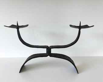 Brutalist Black Wrought Iron 2-Branch Candleabra