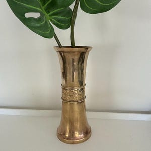 Antique Solid Brass Halah Ware Flower Vase With Embossed Leaves