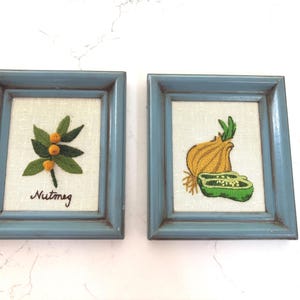 Pair of Crewel Embroidery, Framed Vintage Needle Art, Veggies and Nutmeg
