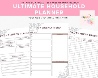 May include: A printable planner with a pink background and the text "Ultimate Household Planner" in black. The planner includes sections for daily fitness, meal ideas, a weekly menu, groceries, snack ideas, and a bill payment tracker.