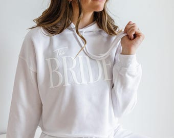 Bride Sweat Set | Bride Pajamas | Getting Ready Outfit | White Crop Bridal Sweatsuit | Matching Sweatpants Sweatshirt Set Newly Engaged Gift