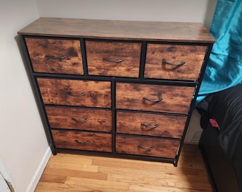9-Drawer Fabric Dresser Tower, Tall Storage Organizer with Bins, Steel Frame, Wood Top & Easy Pull Handles, Rustic Brown Finish