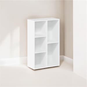May include: A white, freestanding storage unit with five open compartments. The unit is rectangular and sits on the floor. The shelves are evenly spaced, creating a modern and minimalist design. Perfect for organizing books, decor, or other items.