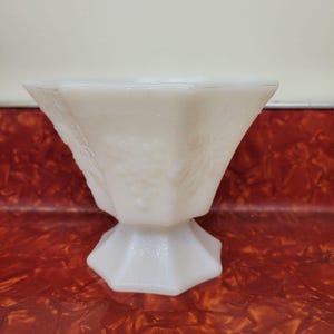 Vintage Anchor Hocking Milk Glass Pedestal Candy Dish with Grapes & Leaves Designs