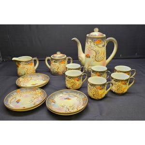 Vintage Japanese Moriage Dragonware 15 Pc Tea Set 3D Effect Painted Dragons