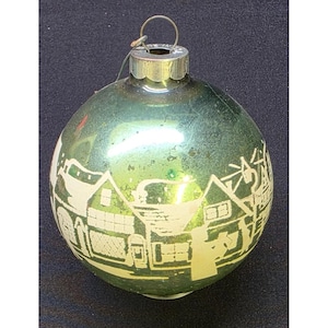 Vintage Green Glass Shiny Brite Stenciled Winter Village Scene Christmas Ornament