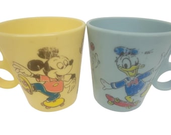 Vintage Walt Disney Plastic Mug Set Mickey Mouse and Donald Duck