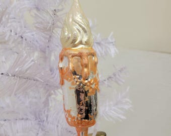 Vintage Glass Christmas Ornament Metallic Silver & Orange Candle with Clip