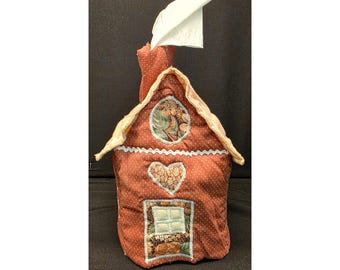 Funda para caja de pañuelos de tela vintage hecha a mano con diseño de casa de jengibre, estilo cottagecore.