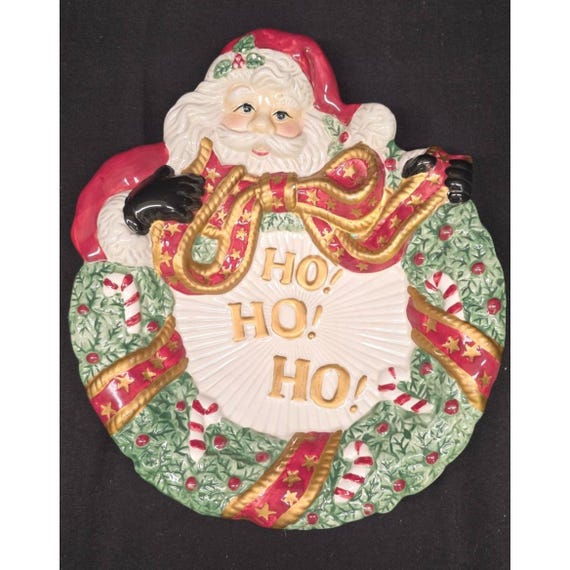 Vintage Fitz & Floyd Christmas Ho! Ho! Ho! Santa W/ Wreath Canape