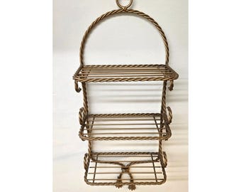 Vintage 3-laags gedraaid touw goudkleurige metalen wandplank Hollywood Regency-stijl