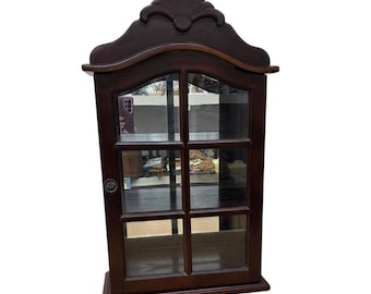Vitrina con espejo de estilo vintage para pared o mesa, de madera de cerezo, con 3 estantes.