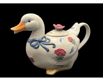 Vintage Lenox "Poppies on Blue" Barnyard Duck Novelty Teapot Cottagecore Kitchen