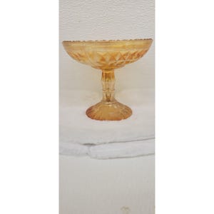 Vintage Jeanette Glass Marigold Amber Windsor Beaded Compote Pedestal Candy Dish