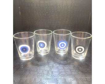 Third Eye Bullseye Shot Glasses Lot of 4 Blue Black White Preowned