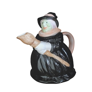 Vintage Novelty Ceramic Teapot Shaped Witch with Broom Halloween Decor Enesco