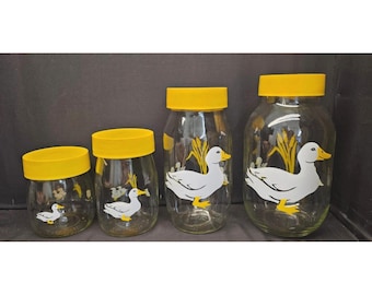 Vintage 1982 Carlton Yellow & Glass Canister Set Country Duck Goose Cottage Core