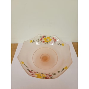 Vintage Pink Frosted Glass Bowl Hand Painted Floral