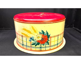 Vintage MCM Tin Cake Carrier w Red Plaid & Floral Design Retro Kitchen Decor