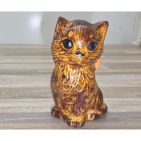アンティーク雑貨   1993 Sitting Cat Vintage Glazed Ceramic Miniature Cat Figurine Trinket Duncan