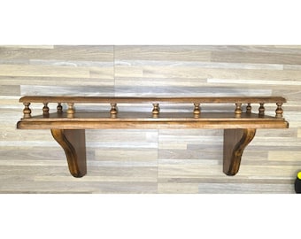 Estantería de pared de madera vintage de 53 cm con barandilla de barrotes, estilo rústico de granja.