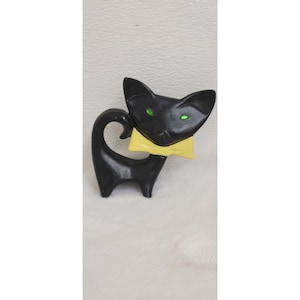Vintage Flat Face Black Cat Figurine With Green Jeweled Eyes Halloween Decor