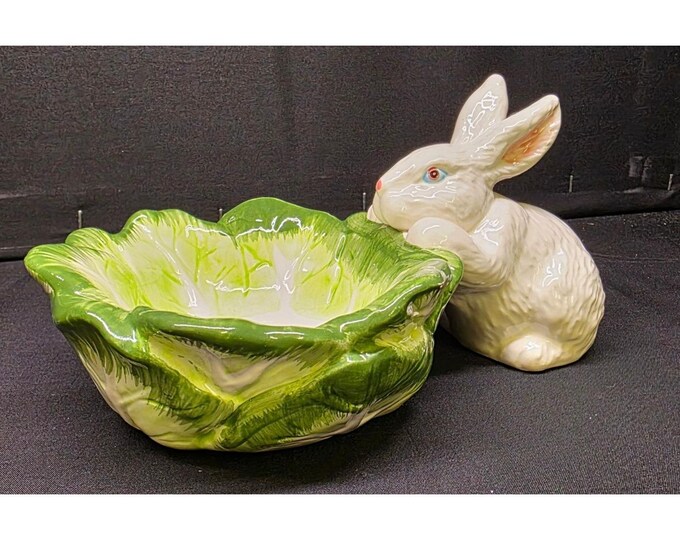 Vintage Ceramic White Bunny & Cabbage Bowl Candy or Trinket Dish Easter ...