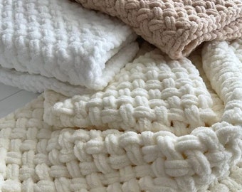 Hand-Knit Chenille Baby Blanket, Plush Newborn Gift, Crochet Blanket, Handmade Blanket
