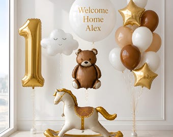 1st Birthday Balloon Set, Teddy Bear Birthday Decorations, Personalized First Birthday Balloons, Number 1 Balloon, Neutral Birthday Decor