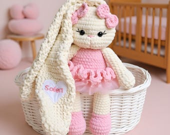 Personalized Crochet Bunny Doll, Handmade Plush Toy, Baby Shower Gift, Stuffed Bunny, Handmade Stuffed Animals, Crochet Bunny