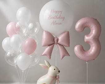 Birthday Balloon Set, Personalized Bunny Balloons, Pink Bow Balloon, Number Balloon, Birthday Party Decorations, Birthday Balloon Decor
