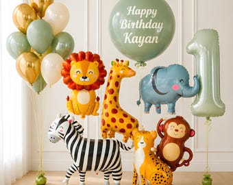 Conjunto de balões para aniversário com tema safari, balões de animais da selva, decoração para festa na selva, decorações de aniversário com tema safari, kit de balões para primeiro aniversário infantil.