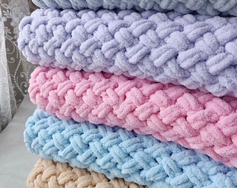 Hand-Knit Plush Yarn Baby Blanket, Soft Chenille, Handmade Blanket
