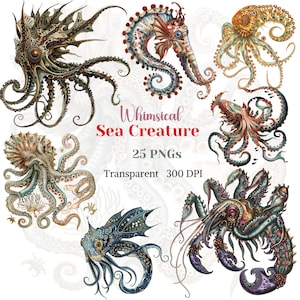 Whimsical Sea Creature ClipArt, Transparent Ocean Fantasy Animal Graphic, Rustic Water Animal Drawing, Vintage Seahorse Art Digital Download