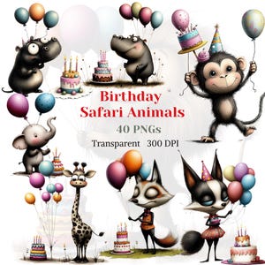Clipart d'animaux de safari pour anniversaire, image fantaisiste d'animaux de fête, illustration de baby shower, dessin de décoration de chambre d'enfant, fête originale, téléchargement numérique